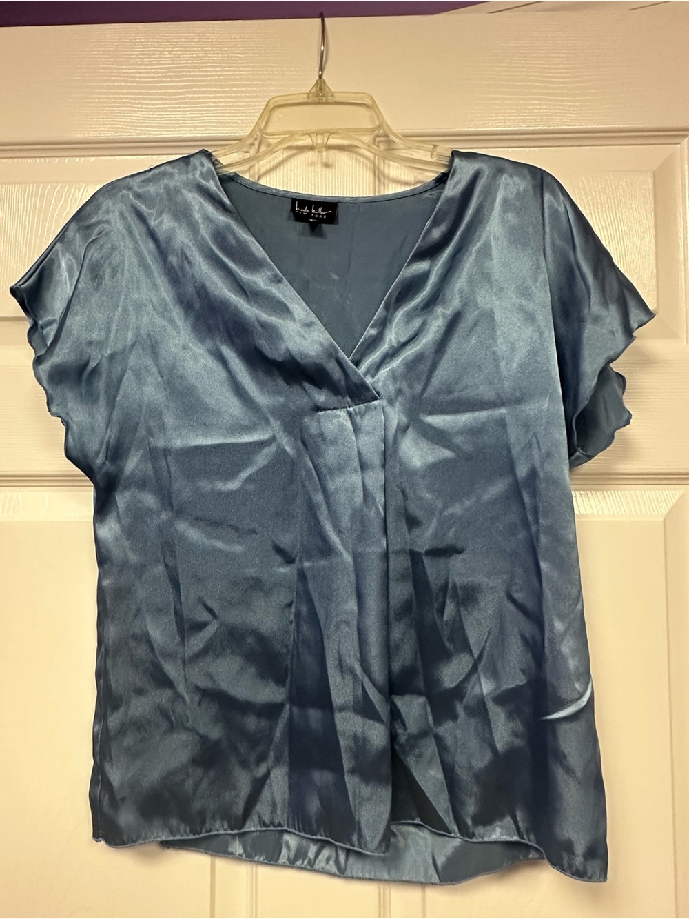 Light Blue Satin V-Neck Short Sleeve Blouse
